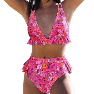 Floral High Waisted Pink Bikini Set